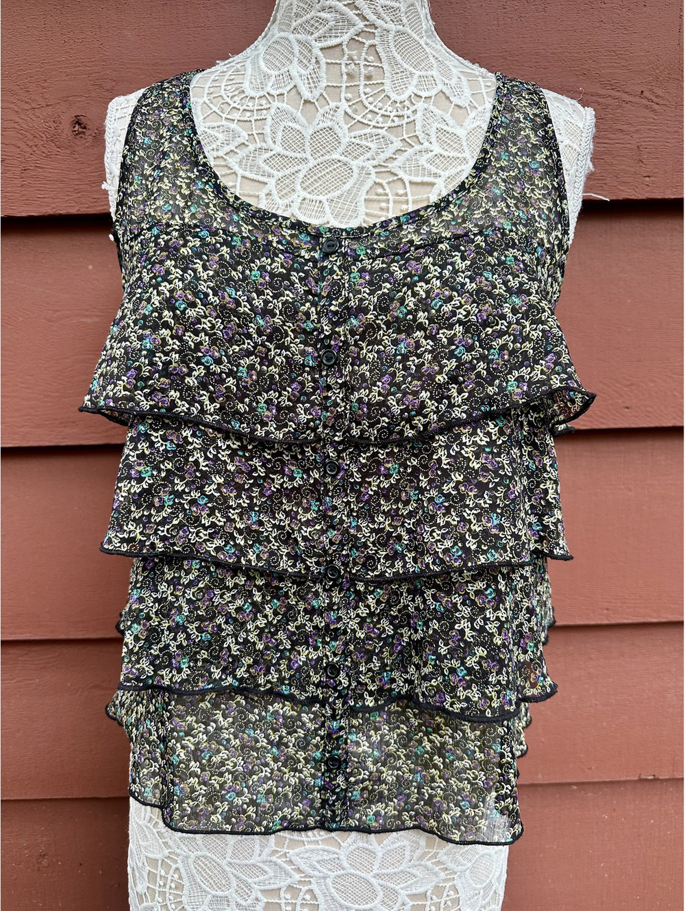 Mossimo Supply Co. Black Floral Tiered Ruffle Tank Top Bohemian